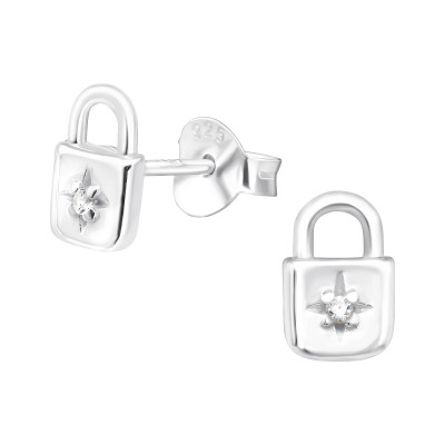 Silver Padlock Ear Studs with Cubic Zirconia