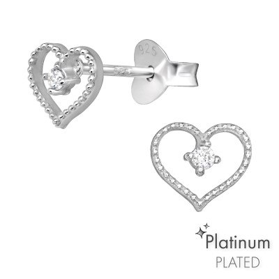 Silver Heart Ear Studs with Cubic Zirconia