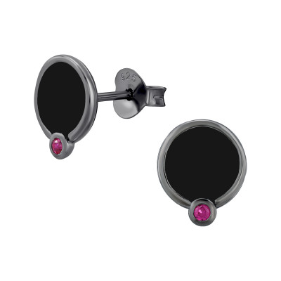 Round Sterling Silver Ear Studs with Cubic Zirconia and Epoxy