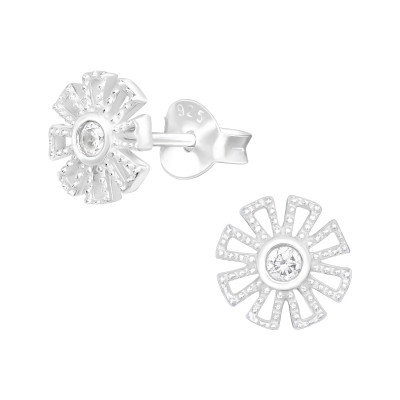 Silver Flower Ear Studs with Cubic Zirconia