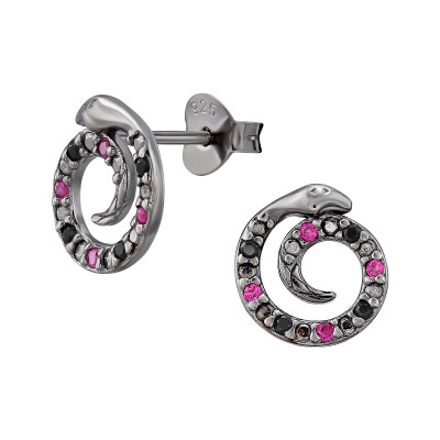 Coiled Snake Sterling Silver Ear Studs with Cubic Zirconia