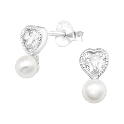 Silver Heart Ear Studs with Cubic Zirconia and Synthetic Pearl