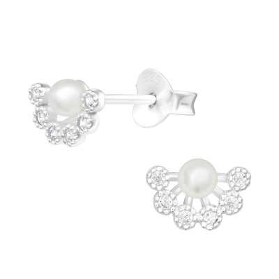 Silver Geometric Ear Studs with Cubic Zirconia and Synthetic Pearl