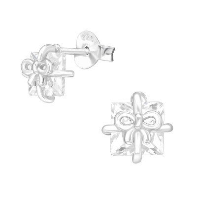 Silver Gift Box Ear Studs with Cubic Zirconia