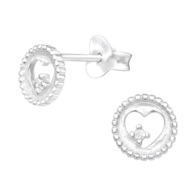 Silver Heart Ear Studs with Cubic Zirconia