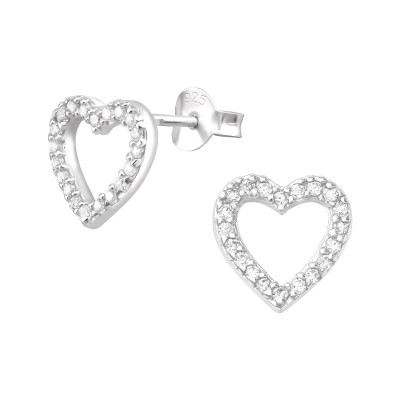 Silver Heart Ear Studs with Cubic Zirconia