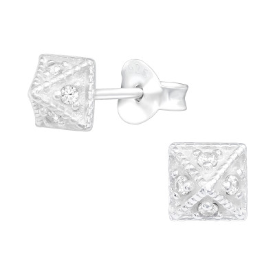 Silver Pyramid Ear Studs with Cubic Zirconia