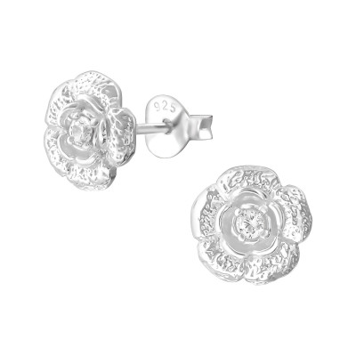 Silver Flower Ear Studs with Cubic Zirconia