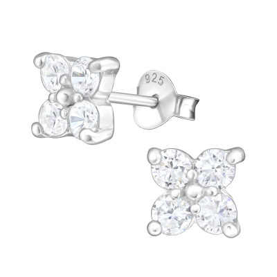 Silver Flower Ear Studs with Cubic Zirconia