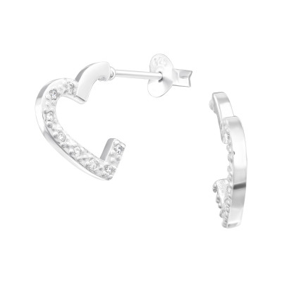 Silver Heart Half Hoop Ear Studs with Cubic Zirconia