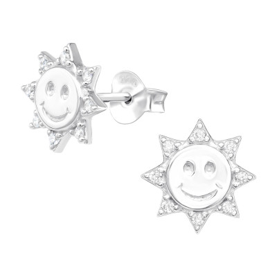 Silver Sun Ear Studs with Cubic Zirconia