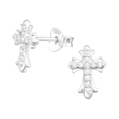 Silver Cross Ear Studs with Cubic Zirconia