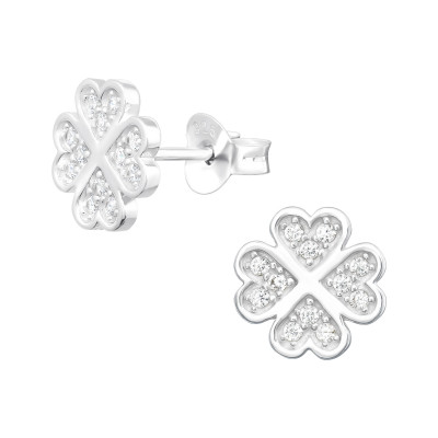 Silver Lucky Four Leaf Clover Ear Studs with Cubic Zirconia