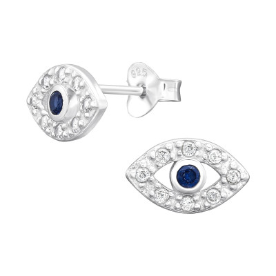 Silver Evil Eye Ear Studs with Cubic Zirconia
