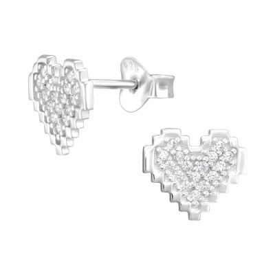 Silver Pixel Heart Ear Studs with Cubic Zirconia