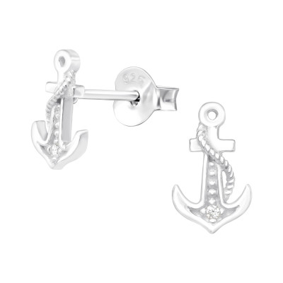 Silver Anchor Ear Studs with Cubic Zirconia