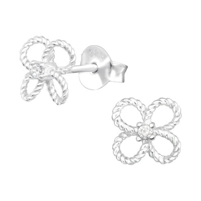 Silver Flower Ear Studs with Cubic Zirconia