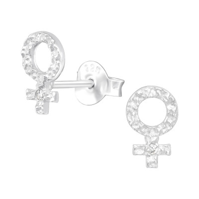 Silver Female Gender Sign Ear Studs with Cubic Zirconia