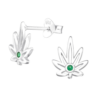 Silver Cannabis Leaf Ear Studs with Cubic Zirconia