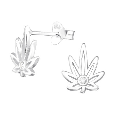 Silver Cannabis Leaf Ear Studs with Cubic Zirconia