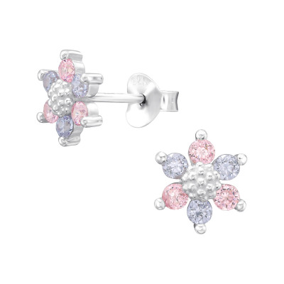 Silver Flower Ear Studs with Cubic Zirconia