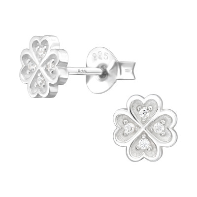 Silver Lucky Clover Ear Studs with Cubic Zirconia