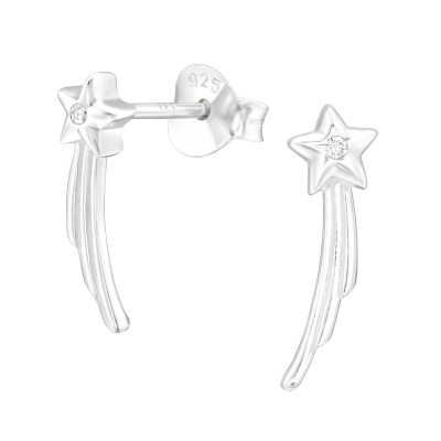 Silver Shooting Star Ear Studs with Cubic Zirconia