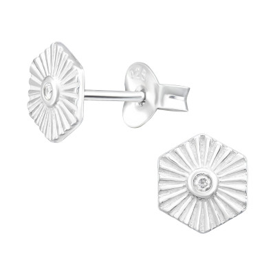 Silver Hexagon Ear Studs with Cubic Zirconia