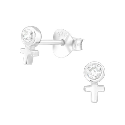 Silver Cross Ear Studs with Cubic Zirconia