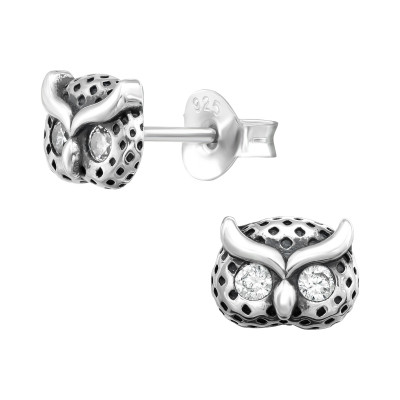 Silver Owl Ear Studs with Cubic Zirconia