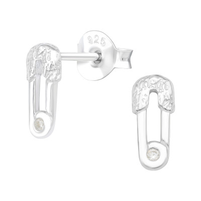 Silver Safety Pin Ear Studs with Cubic Zirconia