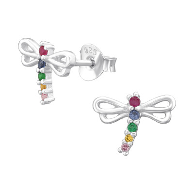 Silver Dragonfly Ear Studs with Cubic Zirconia