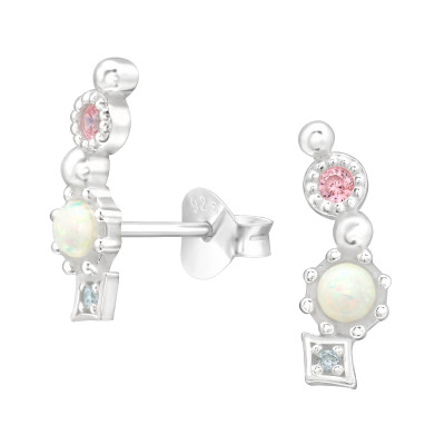 Silver Geometric Ear Studs with Cubic Zirconia and Synthetic Opal