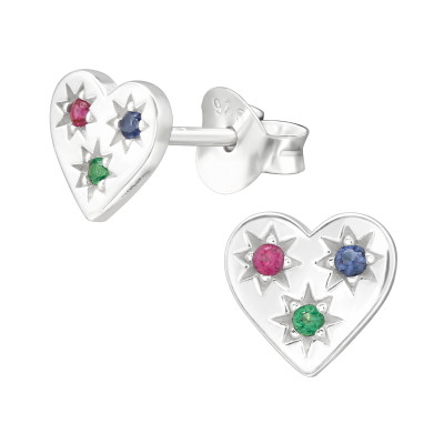 Silver Heart Ear Studs with Cubic Zirconia