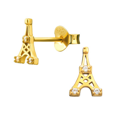 Silver Eiffel Tower Ear Studs with Cubic Zirconia