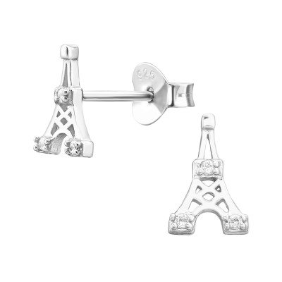 Silver Eiffel Tower Ear Studs with Cubic Zirconia