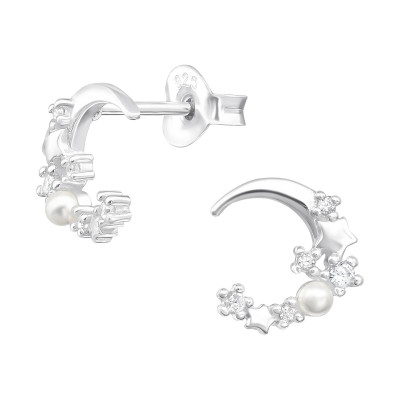 Silver Moon and Star Ear Studs with Cubic Zirconia and Synthetic Pearl