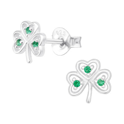 Silver Three Leaf Clover Ear Studs with Cubic Zirconia