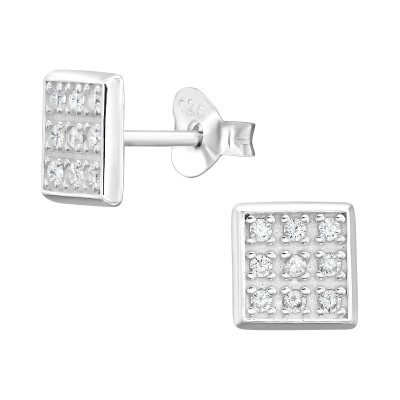 Silver Square Ear Studs with Cubic Zirconia