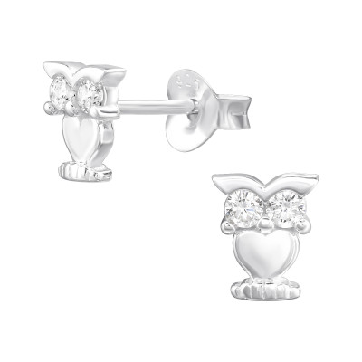 Owl Sterling Silver Ear Studs with Cubic Zirconia