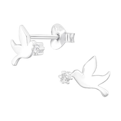 Silver Bird Ear Studs with Cubic Zirconia