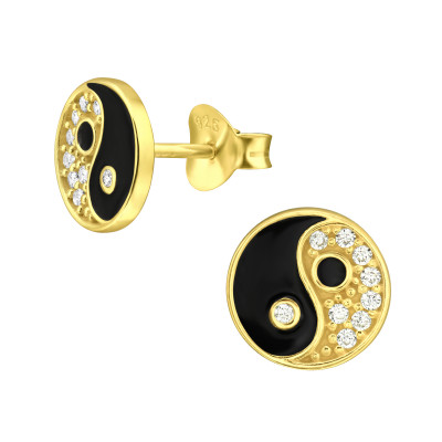 Silver Yin-Yang Ear Studs with Cubic Zirconia and Epoxy