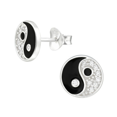 Silver Yin-Yang Ear Studs with Cubic Zirconia and Epoxy