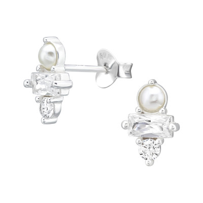 Silver Geometric Ear Studs with Cubic Zirconia and Plastic Pearl