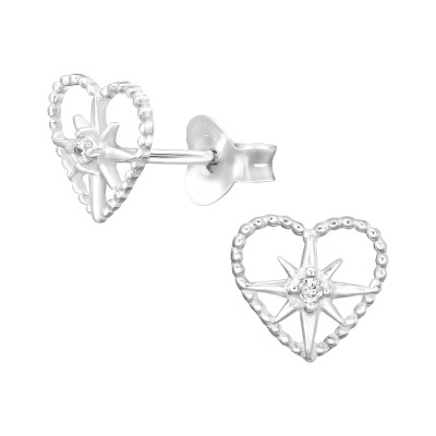 Silver Starburst Heart Ear Studs with Cubic Zirconia