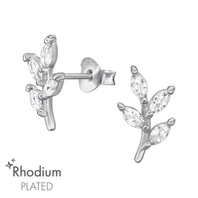 Leaf Sterling Silver Ear Studs with Cubic Zirconia
