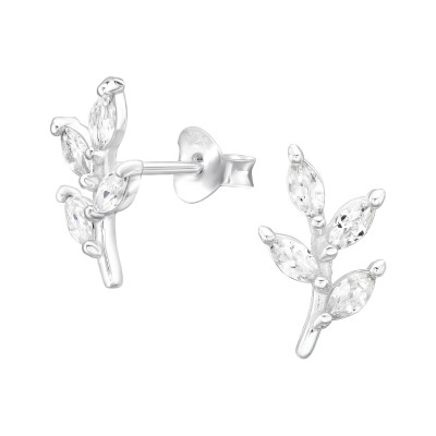 Silver Leaf Ear Studs with Cubic Zirconia