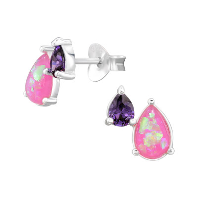 Silver Teardrop Ear Studs with Cubic Zirconia and Imitation Opal
