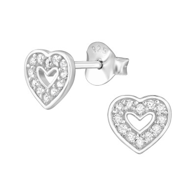 Heart Sterling Silver Ear Studs with Cubic Zirconia