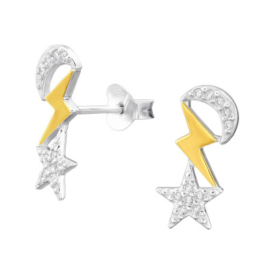 Moon Lightning Star Sterling Silver Ear Studs with Cubic Zirconia